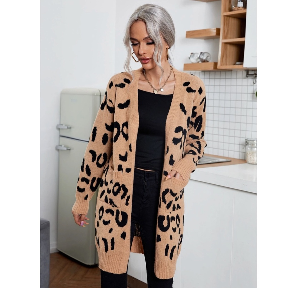Cheetah Print Camel Tan Open Cardigan Thigh Length Long Sleeve - Picture 4 of 7
